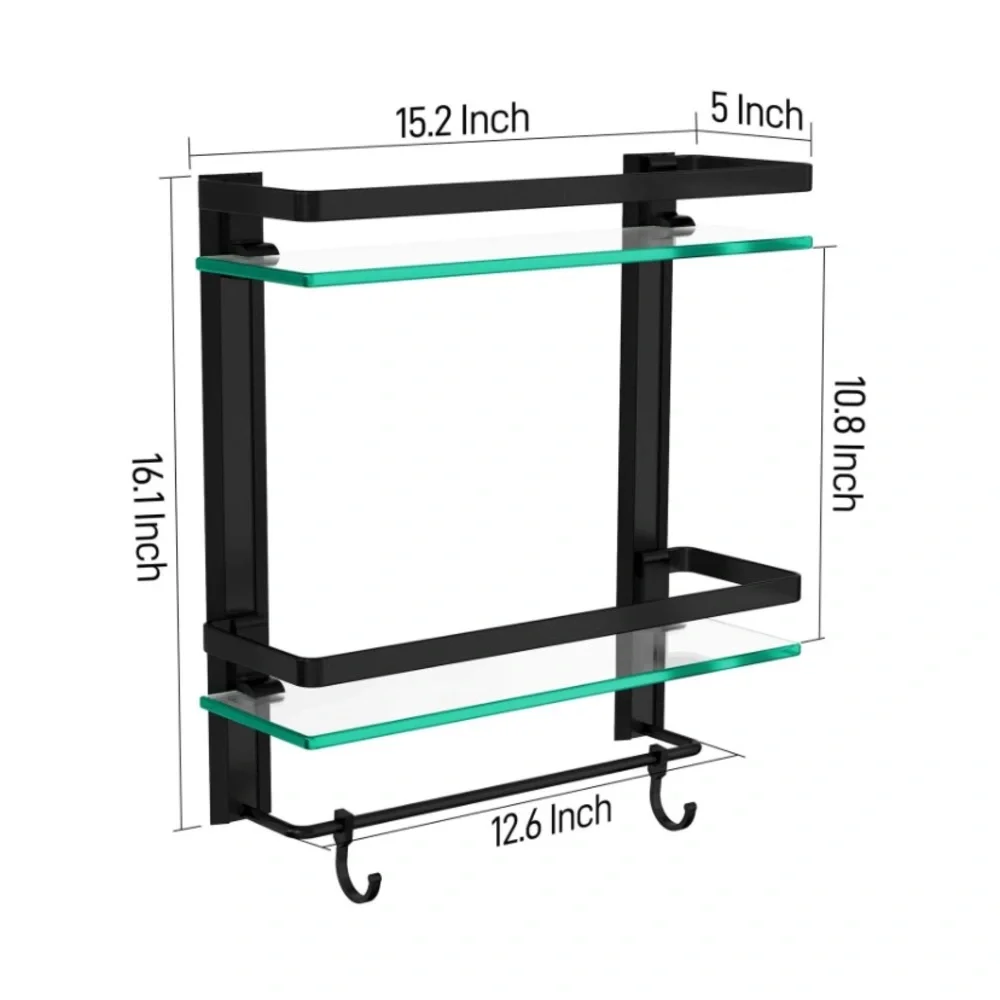 Tempered Glass Bathroom Shelf, 2 Tier Shelf with Towel bar Wall Mounted